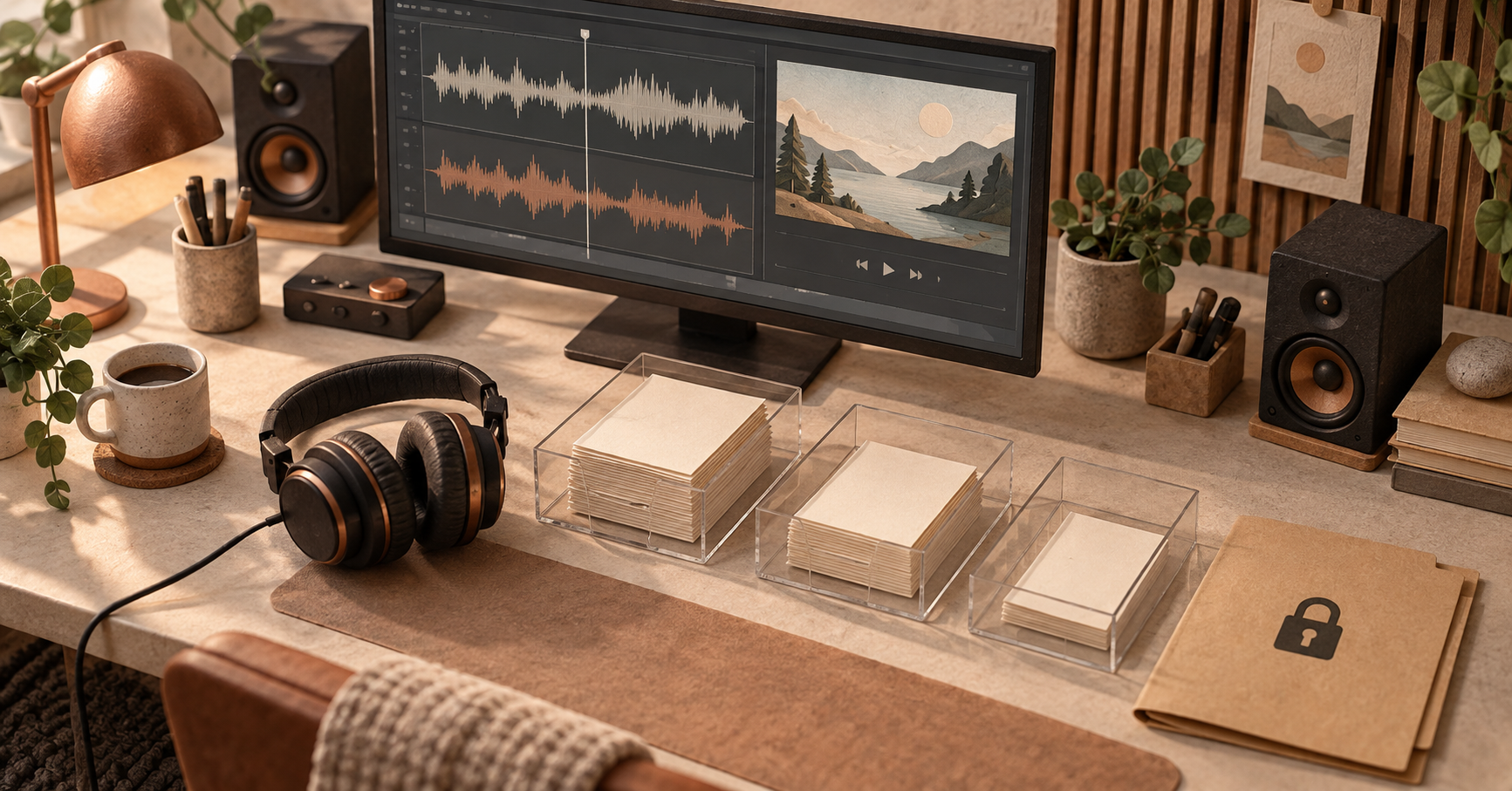 音声波形と動画プレビュー、制作量別の原稿と利用許諾の確認を表した架空の制作机