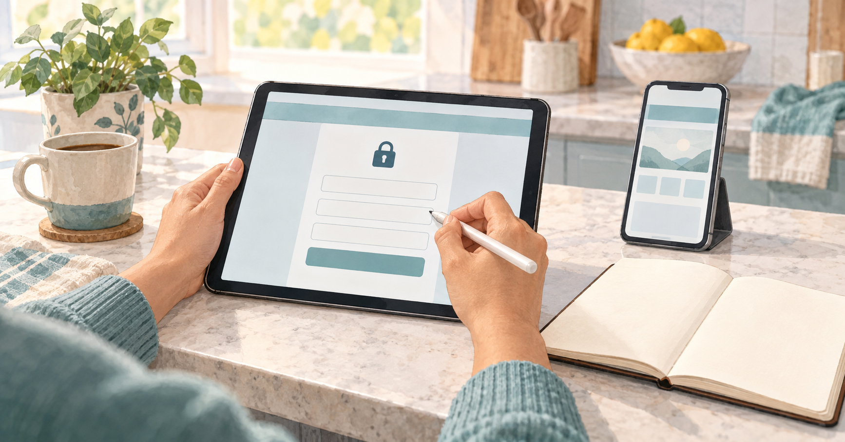 タブレットでサイトの初期設定を確認し、スマートフォンで表示を見比べる架空の初心者の手元のイラスト