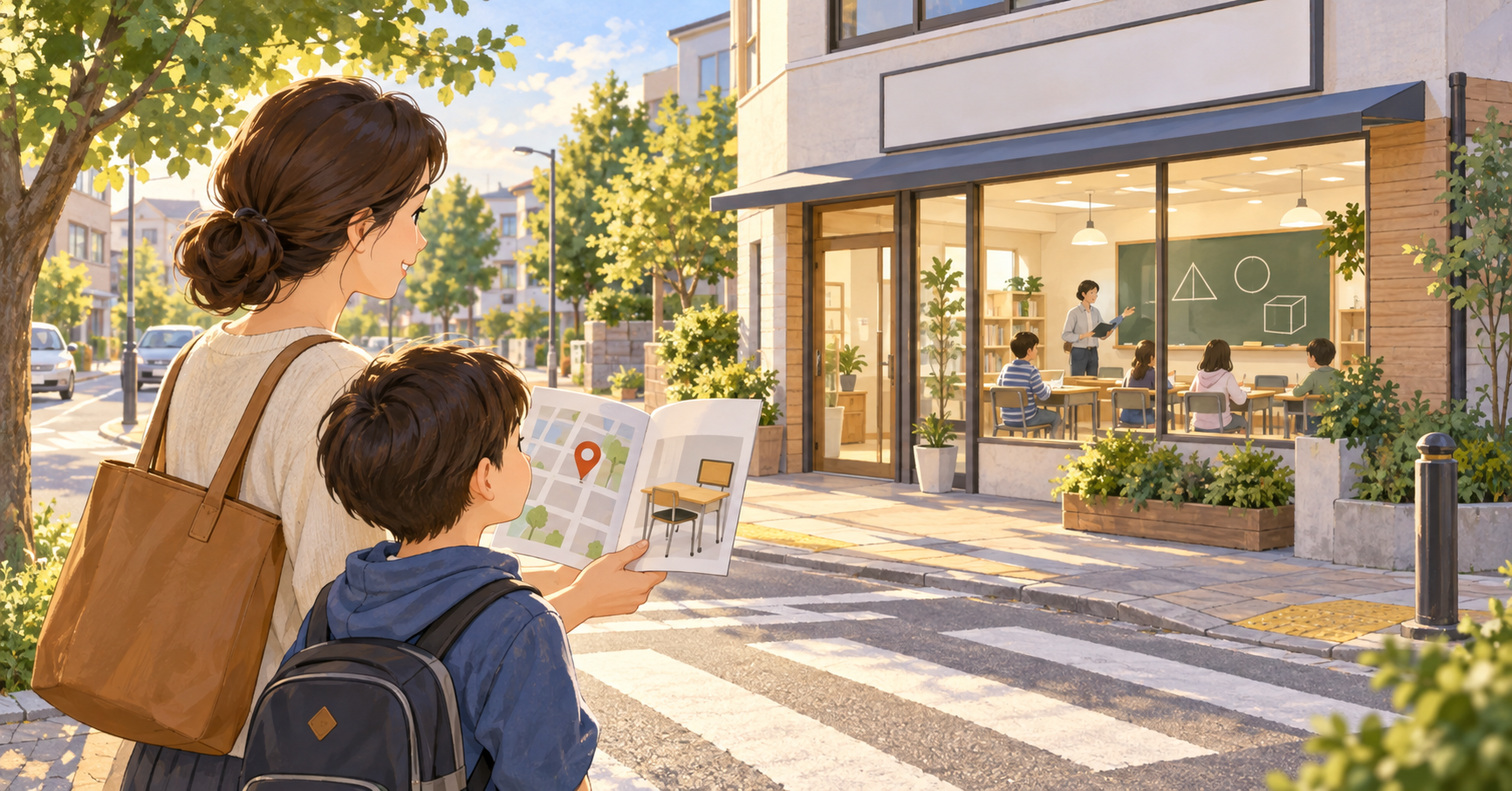 保護者と子どもが教室の場所と授業形式を案内資料で確認するオリジナルイラスト